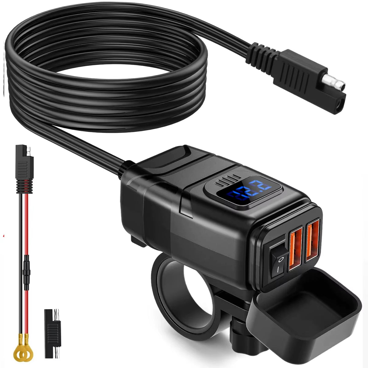 Motorcycle Dual USB Charger with Voltmeter, Waterproof 12V Handlebar Mount