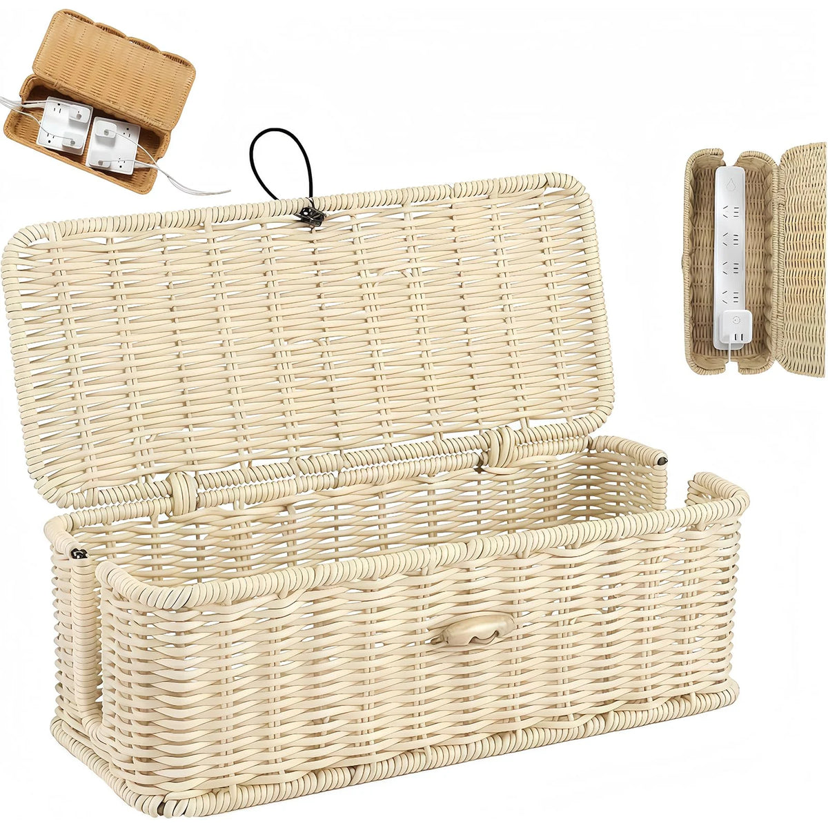Cable Management Box, Handwoven Rattan Cord Organizer