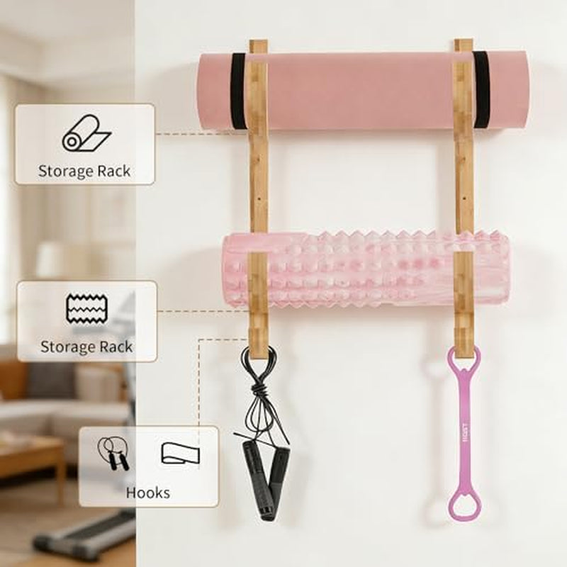 Yoga Mat Holder, Wooden Wall Rack with 4 Hooks – image 4