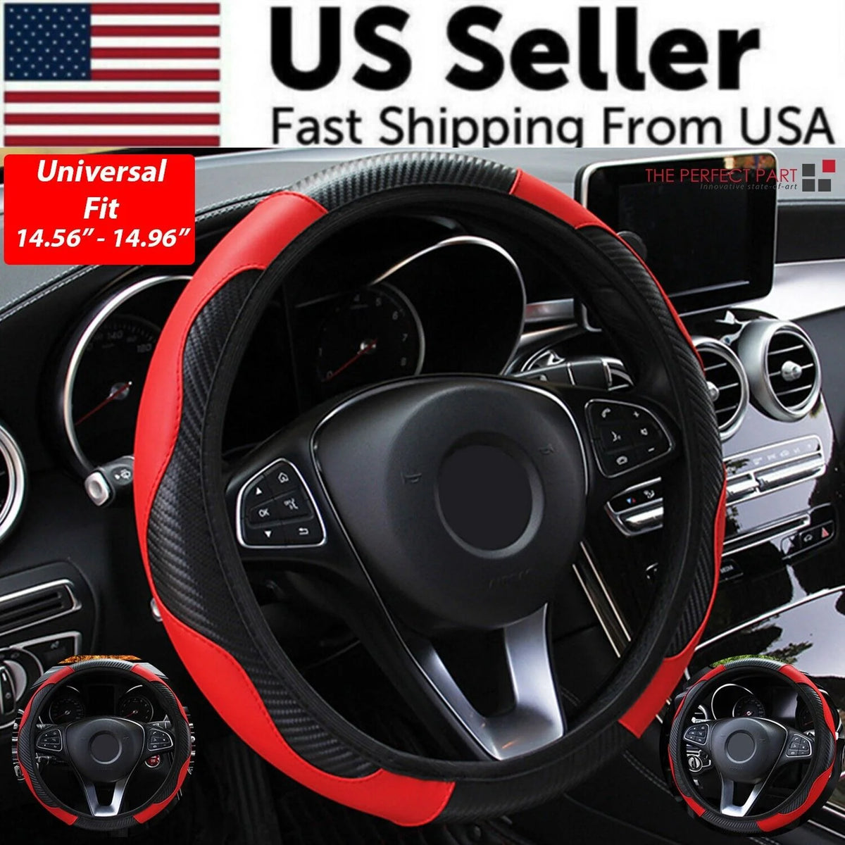Steering Wheel Cover, Red & Black Carbon Fiber PU Leather, 15 in