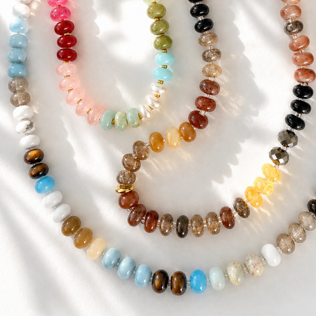 Beaded Necklace, Natural Stone and Acrylic Bead Necklace, 16 in