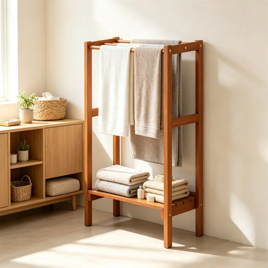 Blanket Stand Hardwood Freestanding with 3 Bars & Bottom Shelf – image 5