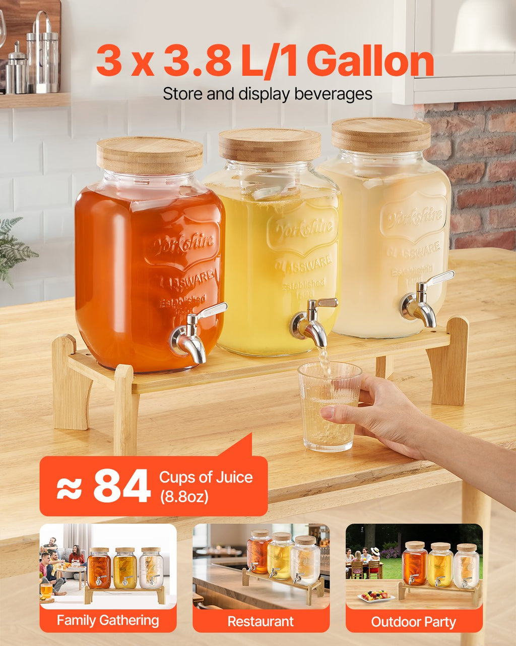 Triple Glass Drink Dispenser Set With Wood Stand, 3 x 1 Gallon – image 2