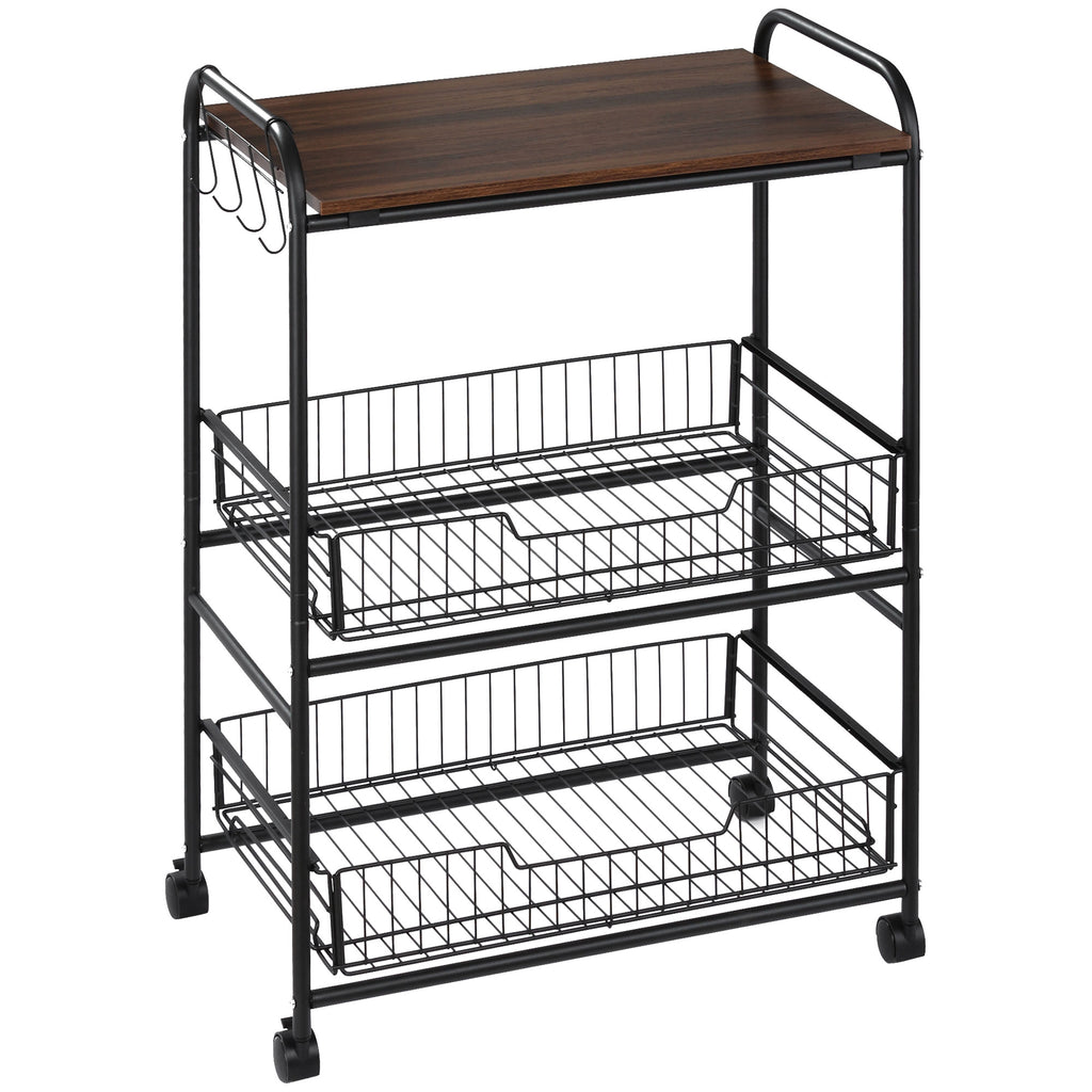 Rolling Kitchen Cart 3-Tier with Wire Baskets & Wheels