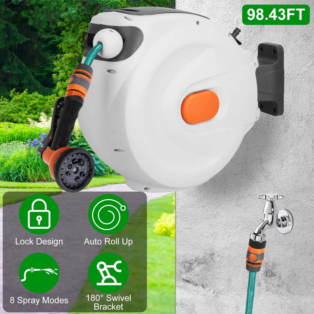 Wall Mount Retractable Garden Hose Reel 98 Ft with Sprayer
