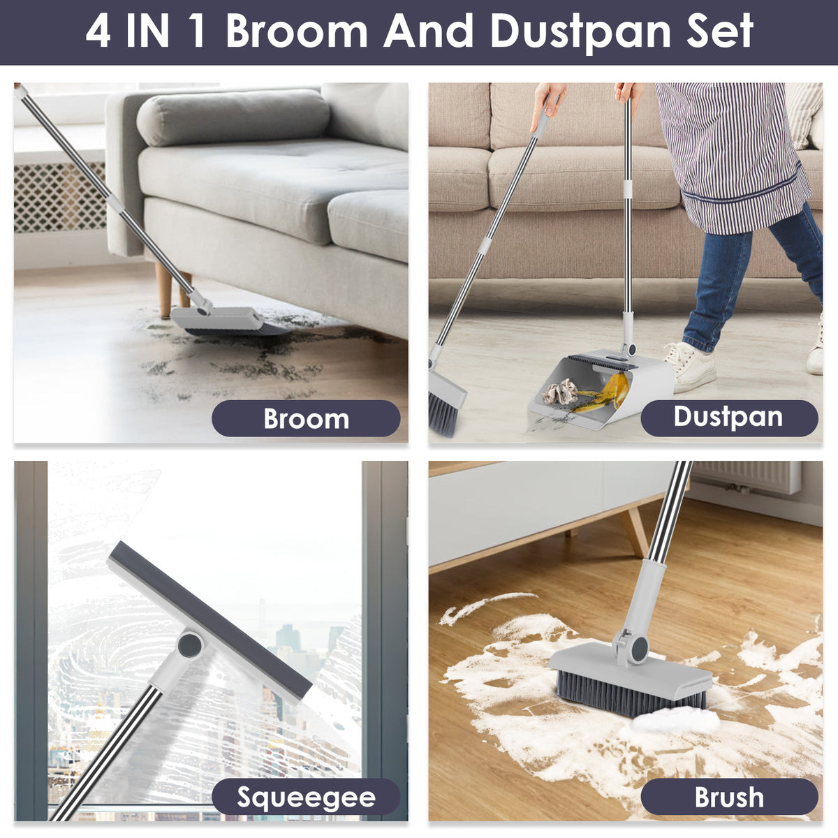 Broom and Dustpan Set – 4-in-1 Upright with Squeegee – image 7