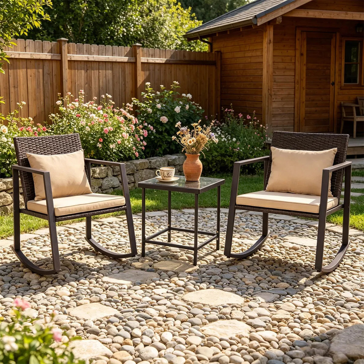 3-Piece Wicker Rocking Chair Set with Glass Side Table, Brown – image 10