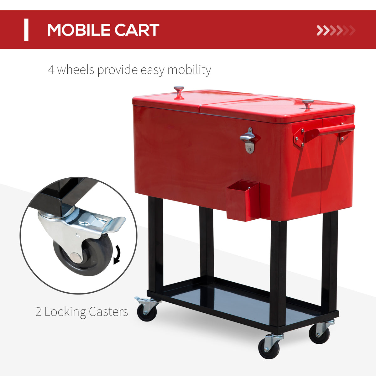 Rolling Cooler Cart 80 Qt, Stand-Up Ice Chest on Wheels, Red – image 5