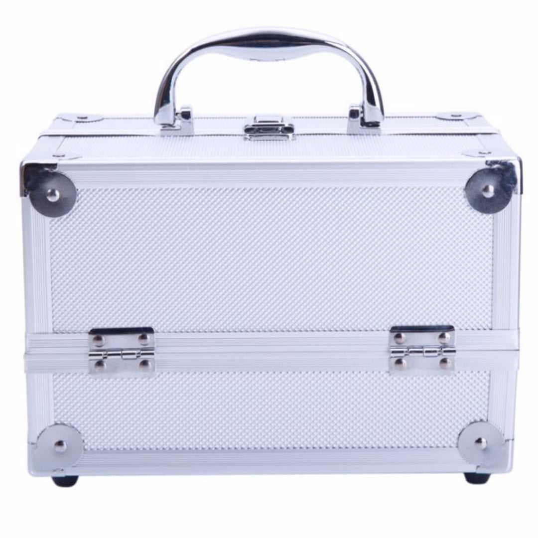 Aluminum Makeup Train Case with Mirror and Fold-Out Trays, Silver – image 6
