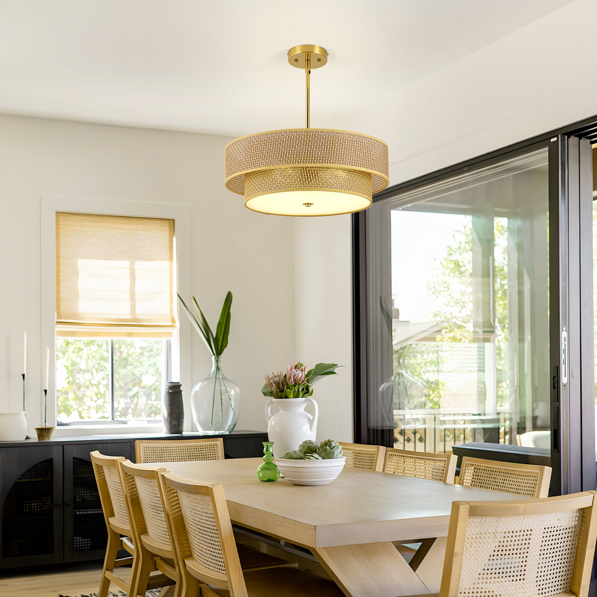 17.7 Inch Rattan & Linen Semi Flush Mount Ceiling Light, Boho Drum