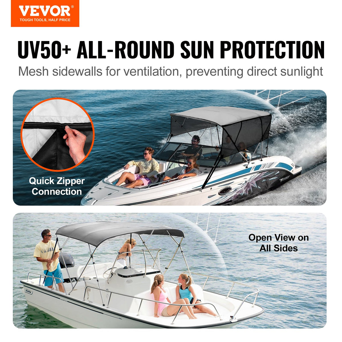 4 Bow Bimini Top Boat Cover, Detachable Mesh Sidewalls, 600D Polyester Canopy with 1" Aluminum Alloy Frame, Includes Storage Boot, 2 Straps, 2 Support Poles, 8'L X 54"H X 91"-96"W, Light Grey