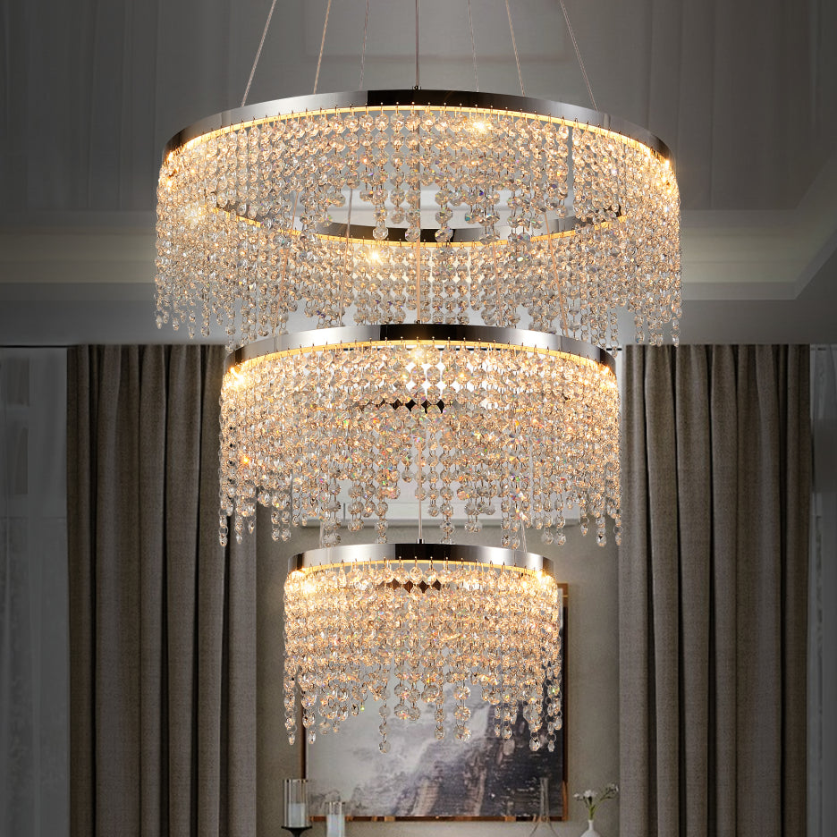 24 Inch round LED Crystal Chandelier, 3-Color Temperature, Chrome
