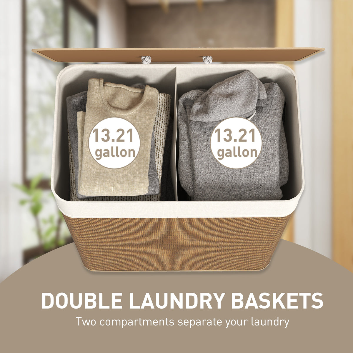 Bamboo Laundry Hamper with Lid, 26.4 Gal Double Basket – image 3
