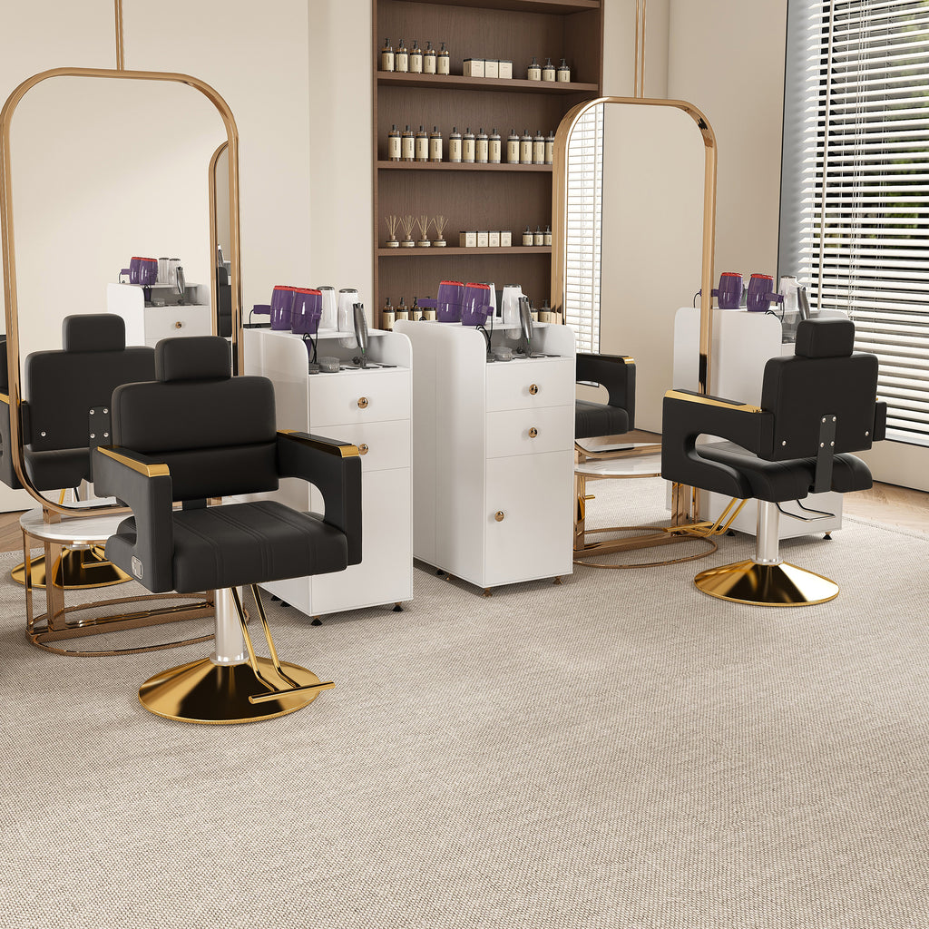 Reclining Barber Chair with Stainless Steel Armrests Black Gold – image 1