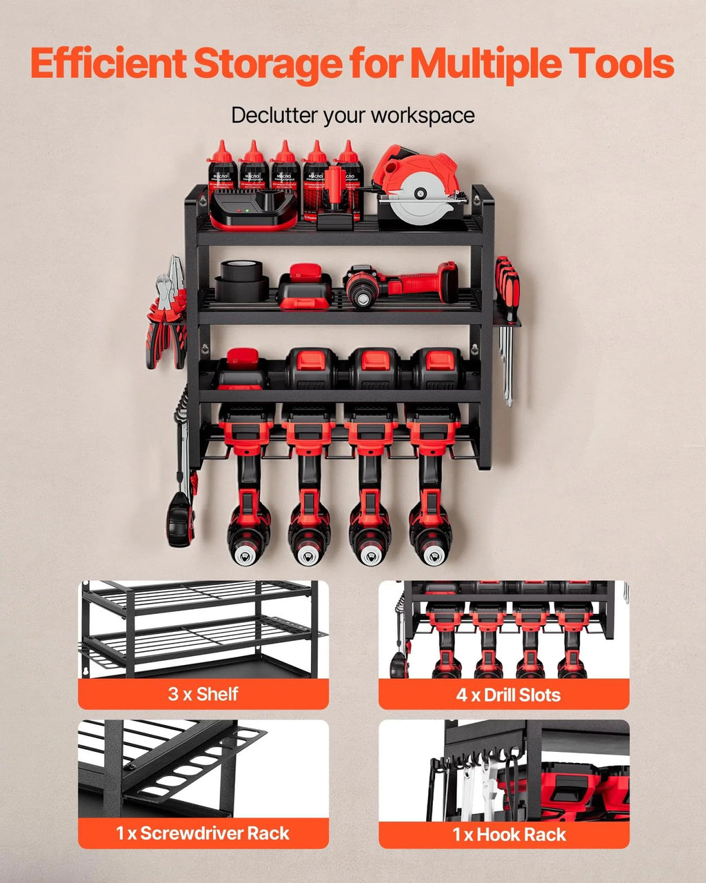 Power Tool Organizer – 4-Layer Wall Rack with Drill Holders – image 2