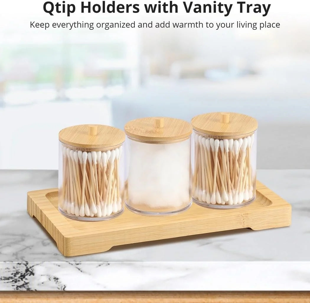 Cotton Swab Holder Set - 3 Acrylic Jars with Wood Tray – image 2