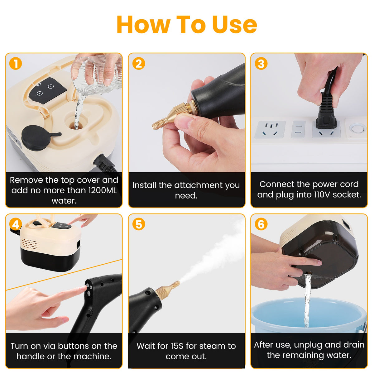 1500W Handheld Steam Cleaner with 1200 ml Tank and 6 Steam Levels – image 15