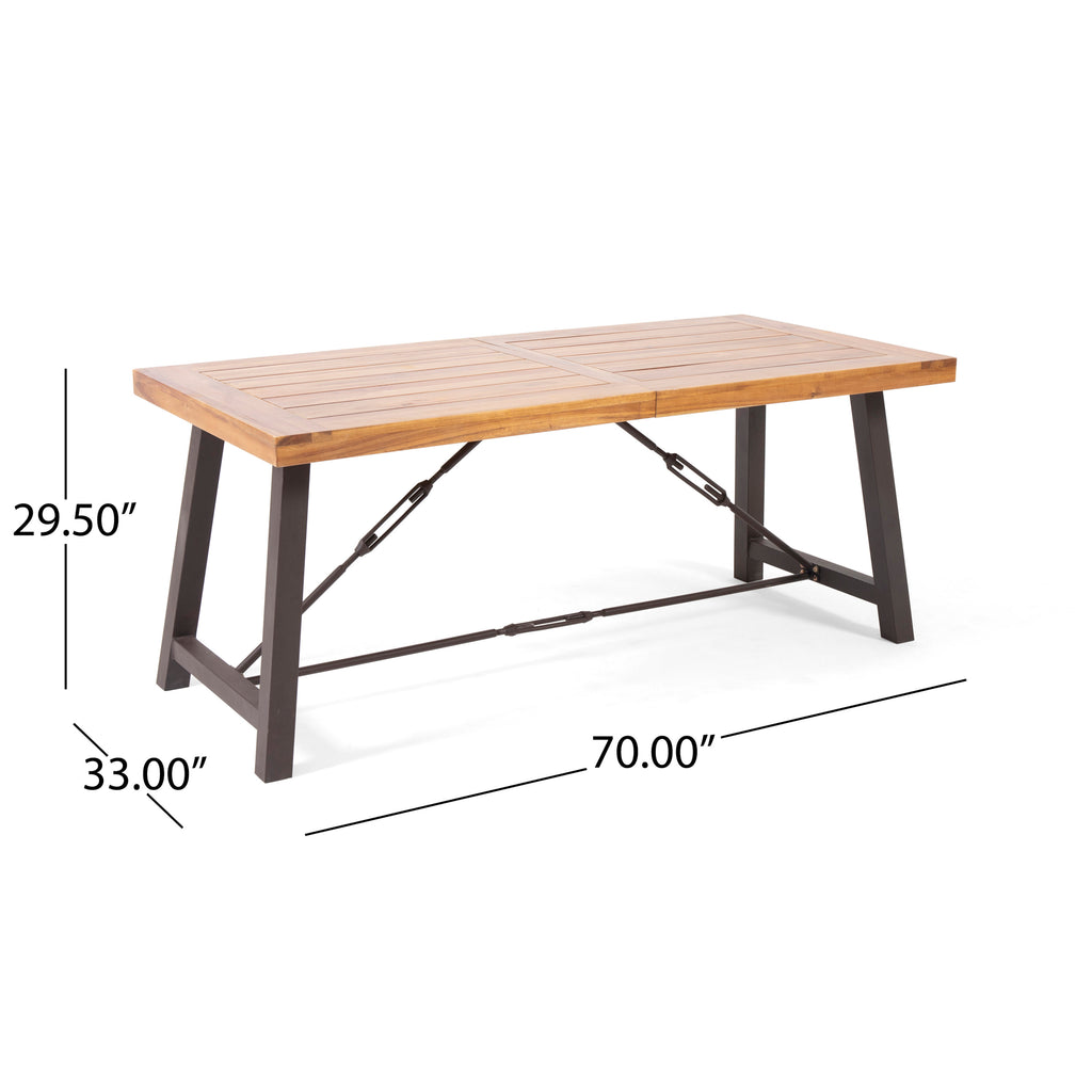 Outdoor Acacia Wood Dining Table 70 in, Metal Base, Teak Finish – image 4