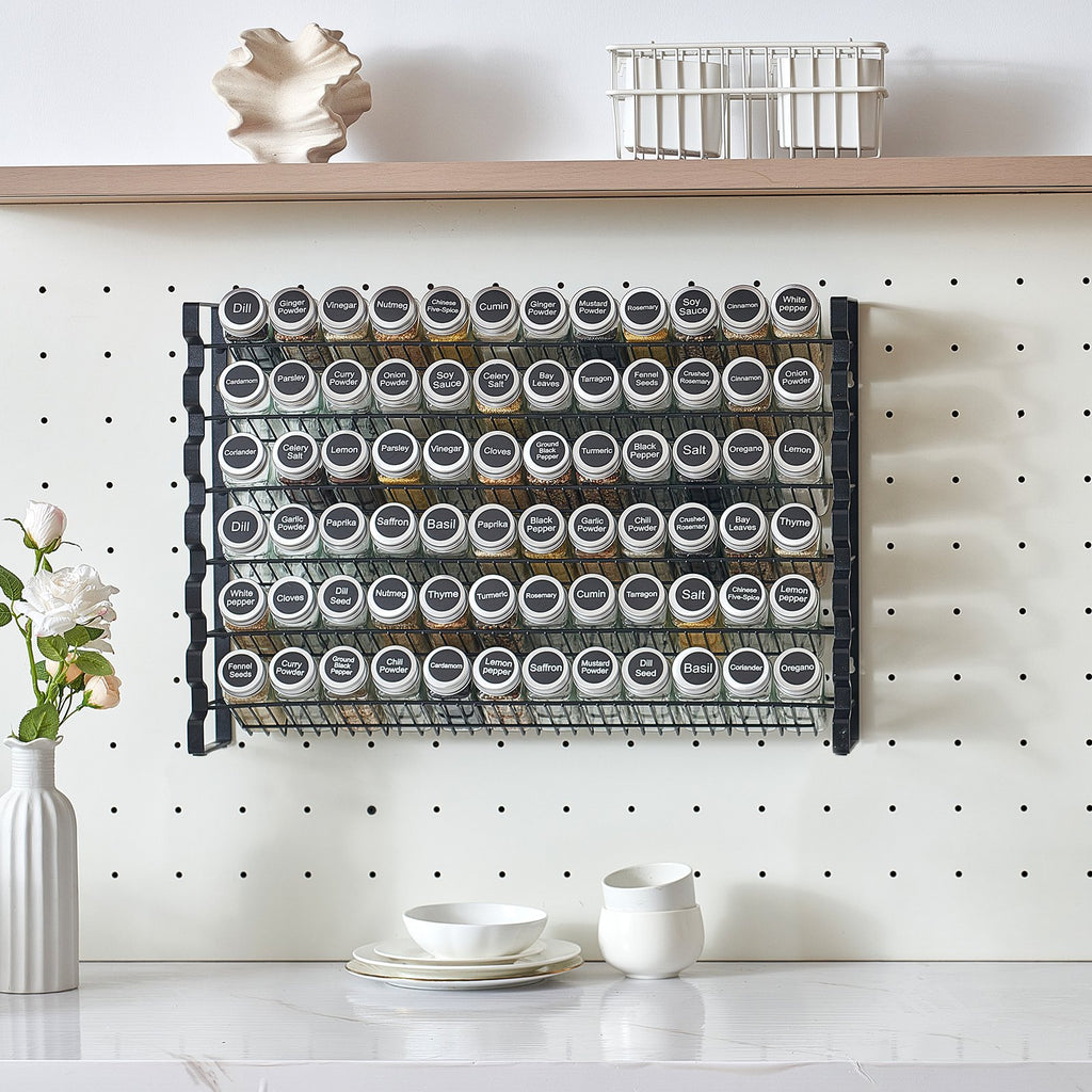 Wall Mounted Spice Rack Organizer Set, 4 Pack with Glass Jars, Black