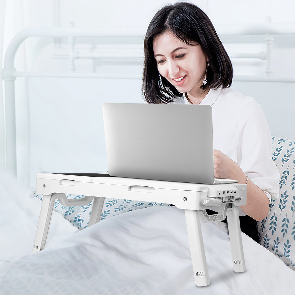 Foldable Laptop Bed Tray with Cooling Fan, LED Light and USB Ports