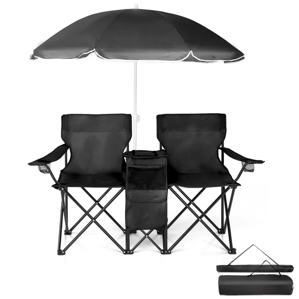 Double Folding Camp Chair with Removable Sun Umbrella