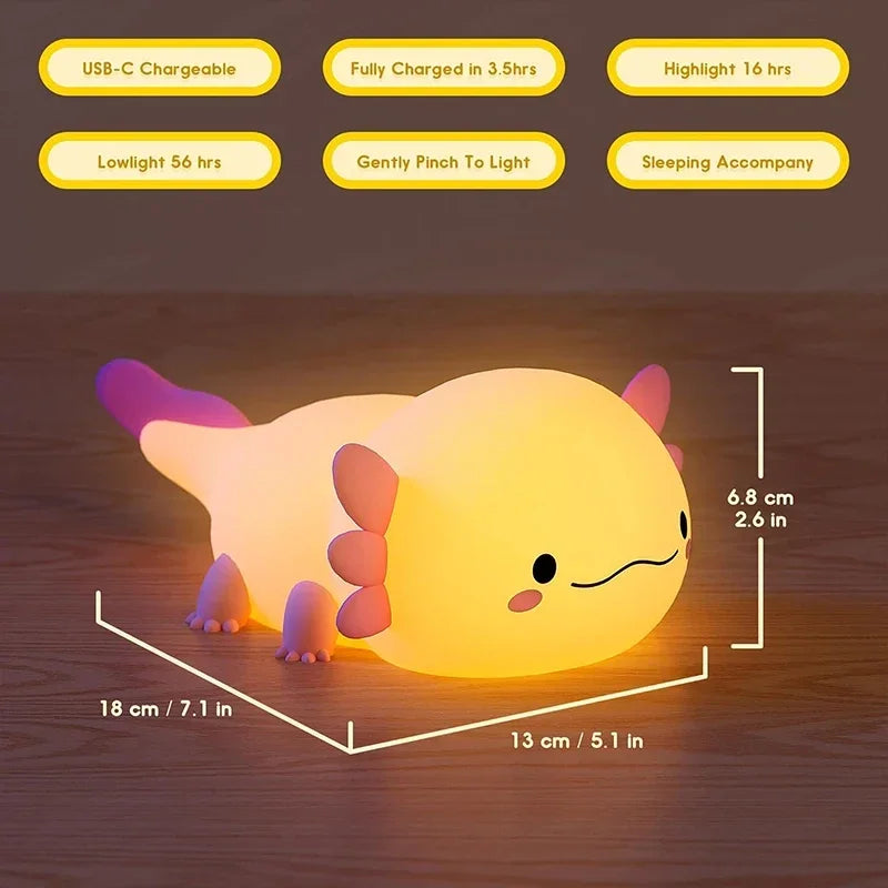 Axolotl Night Light - Silicone Touch Control Nursery Lamp, USB Rechargeable