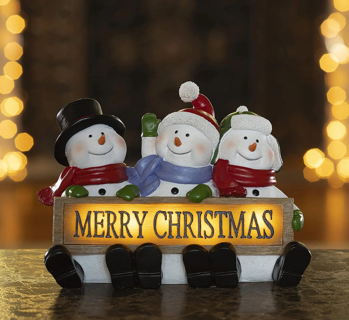 Lighted Snowman Figurines Set of 3, Merry Christmas Sign Decor – image 4