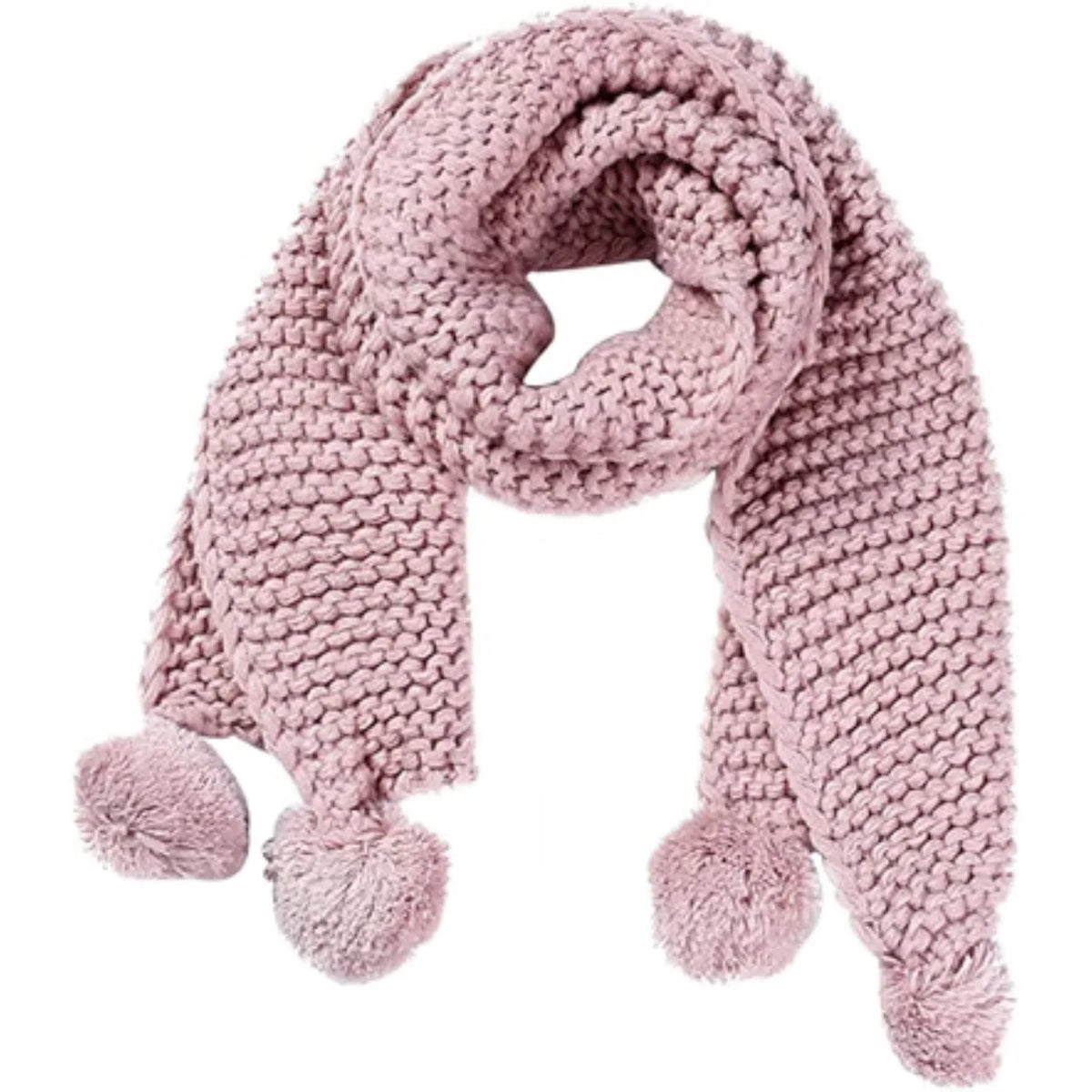 Knitted Pom Pom Scarf, Thick Fuzzy Winter Neck Scarf in Pink