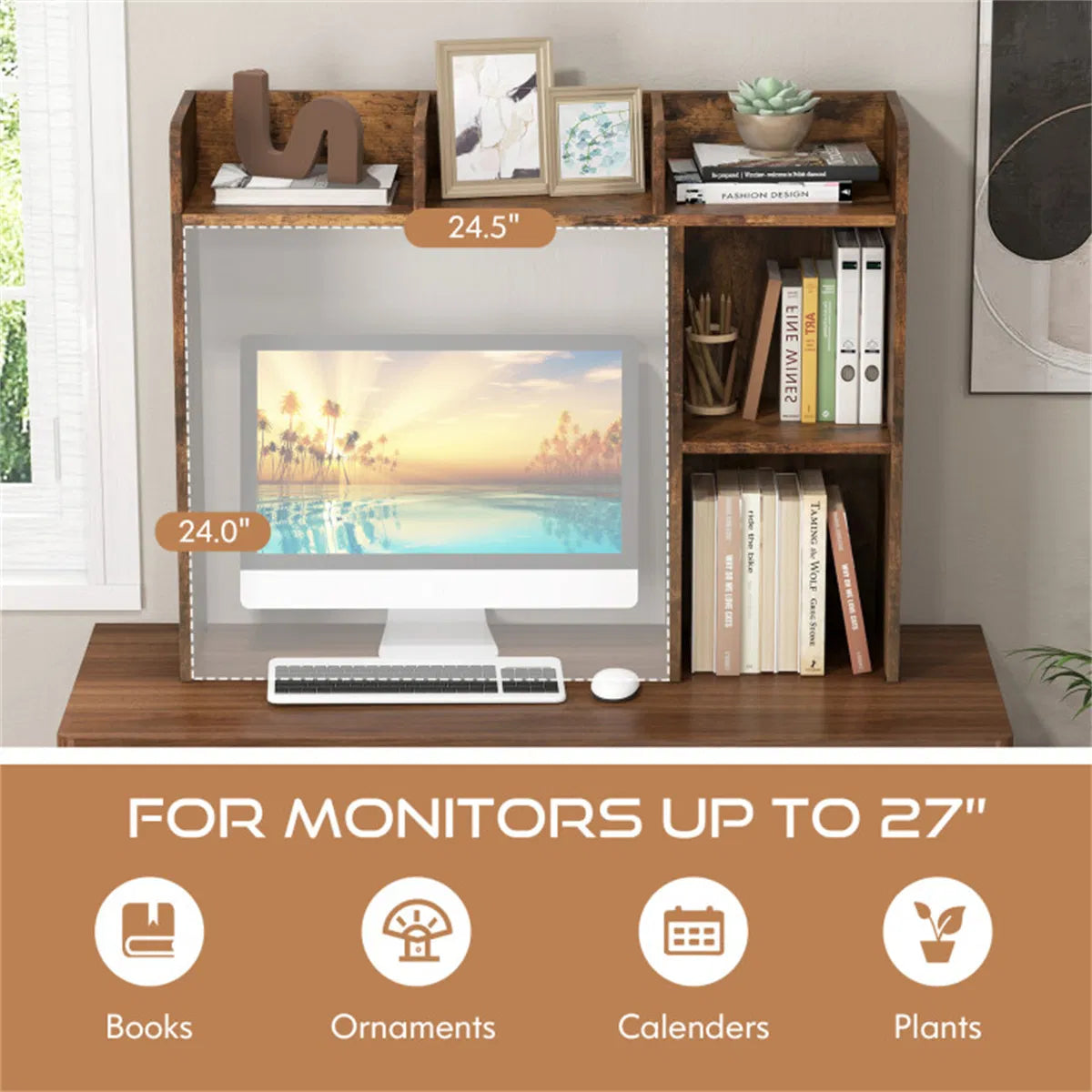 Desktop Bookshelf Desk Hutch for 27 in Monitor, Brown – image 9