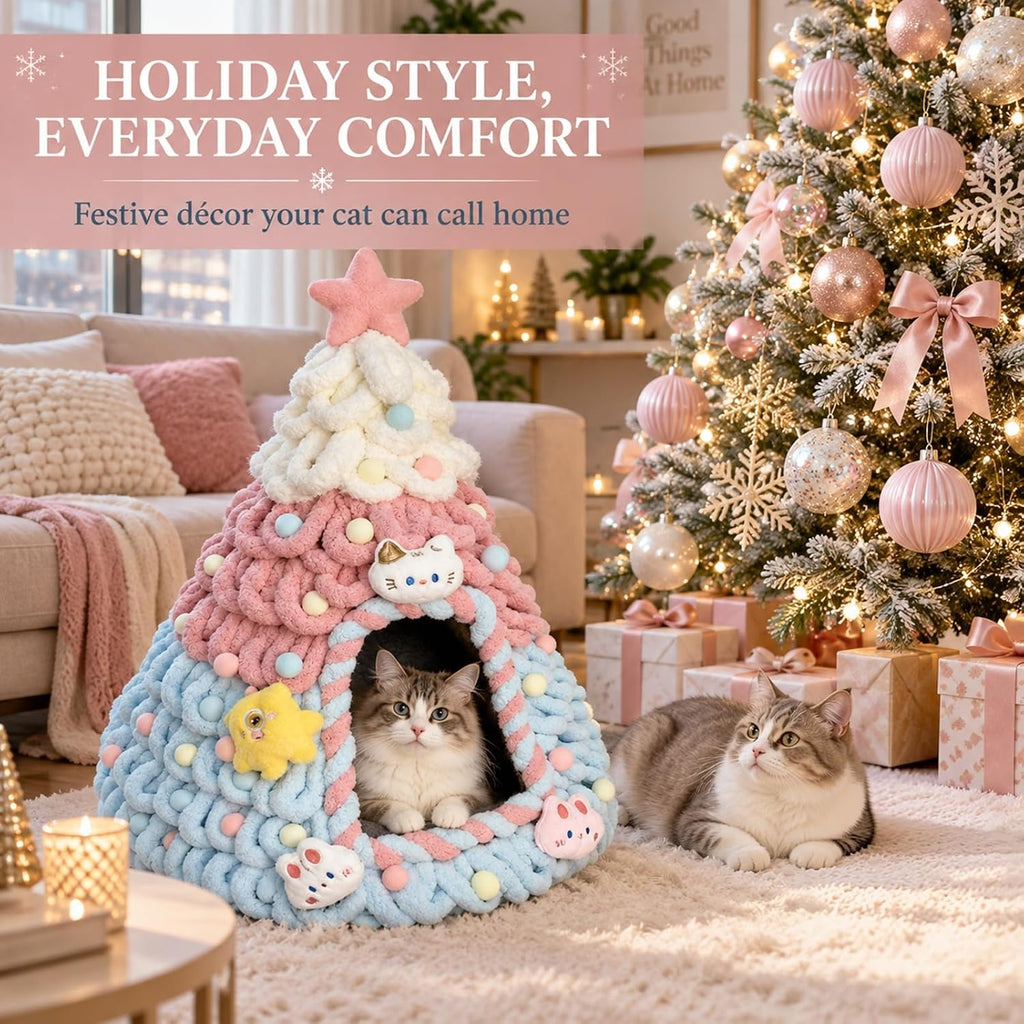 Cat Bed Cave, Christmas Tree Shape with Felt and Gauze, Pink – image 5