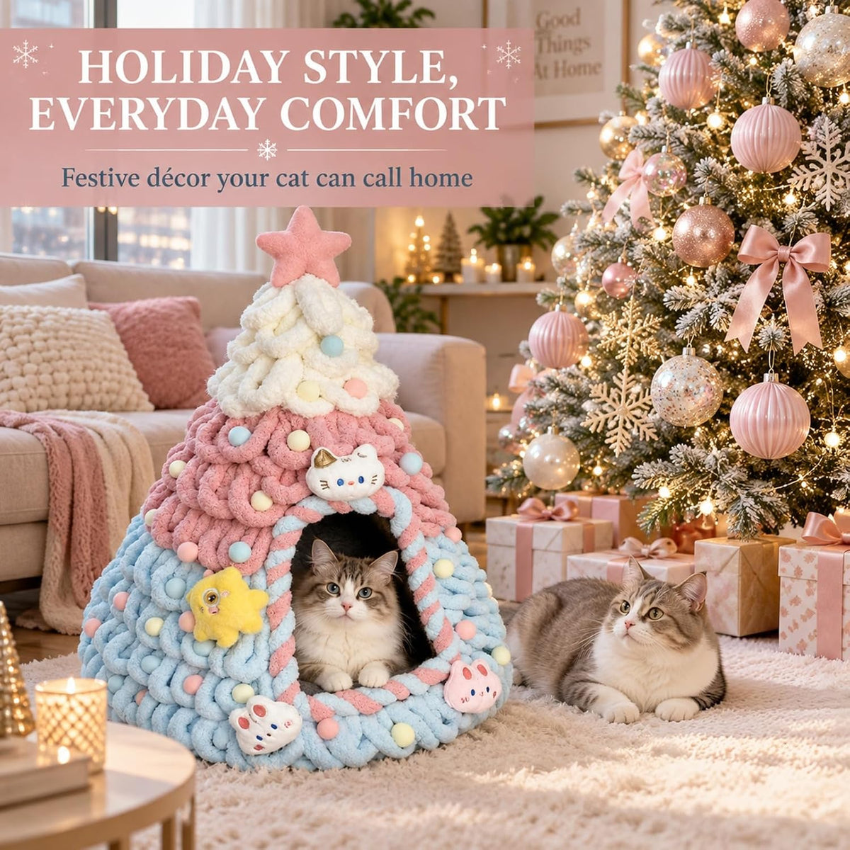 Cat Bed Cave, Christmas Tree Shape with Felt and Gauze, Pink – image 5
