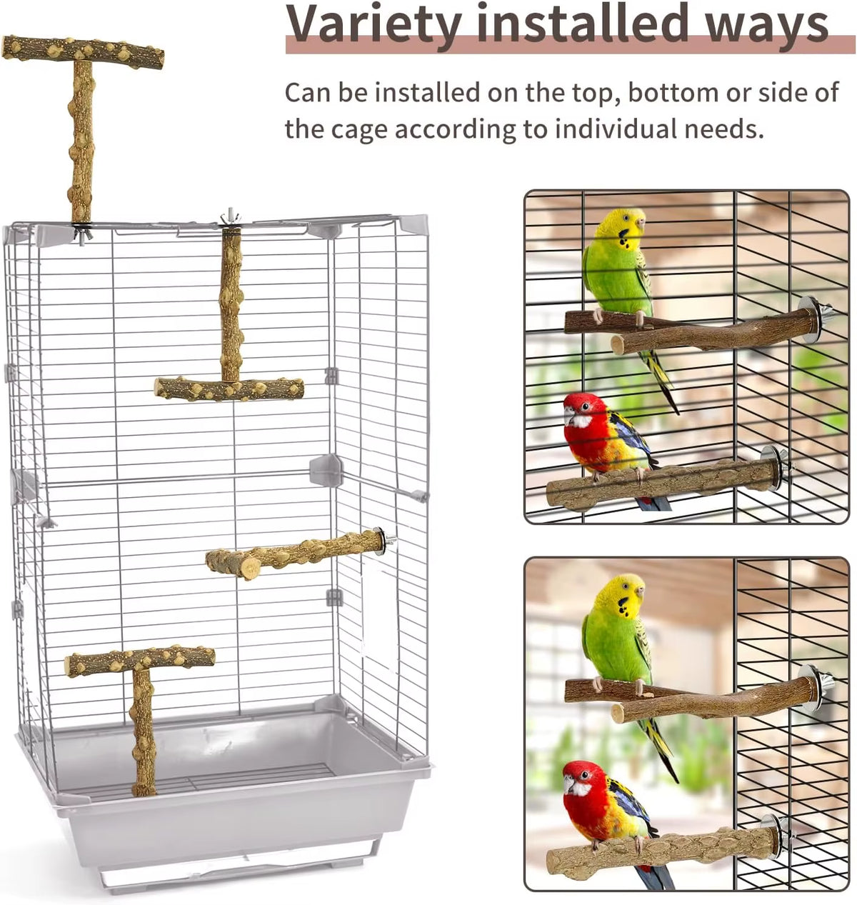 Natural Wood Bird Perch Set, 6-Piece Branch Stands and Platforms for Cages – image 3