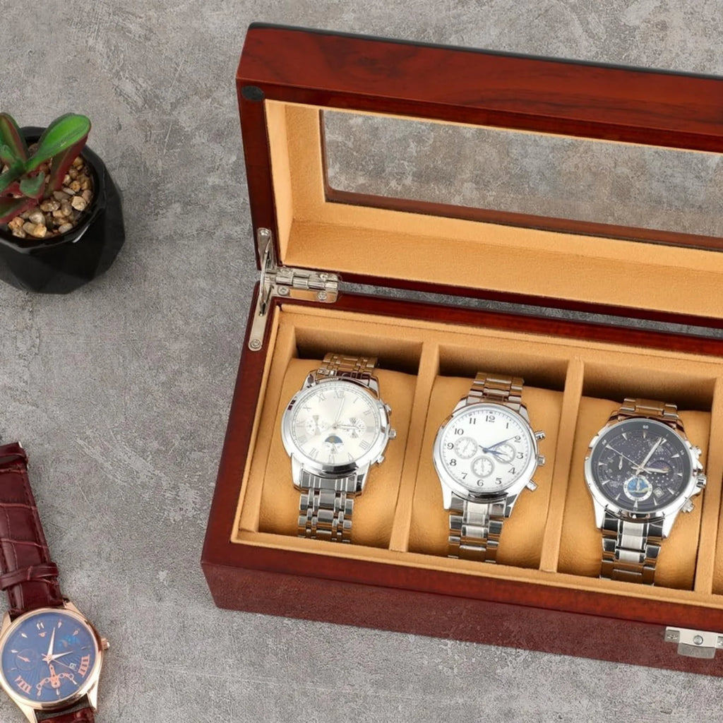 Wooden Watch Box 6-Slot, Glass Top Display Case Organizer – image 4