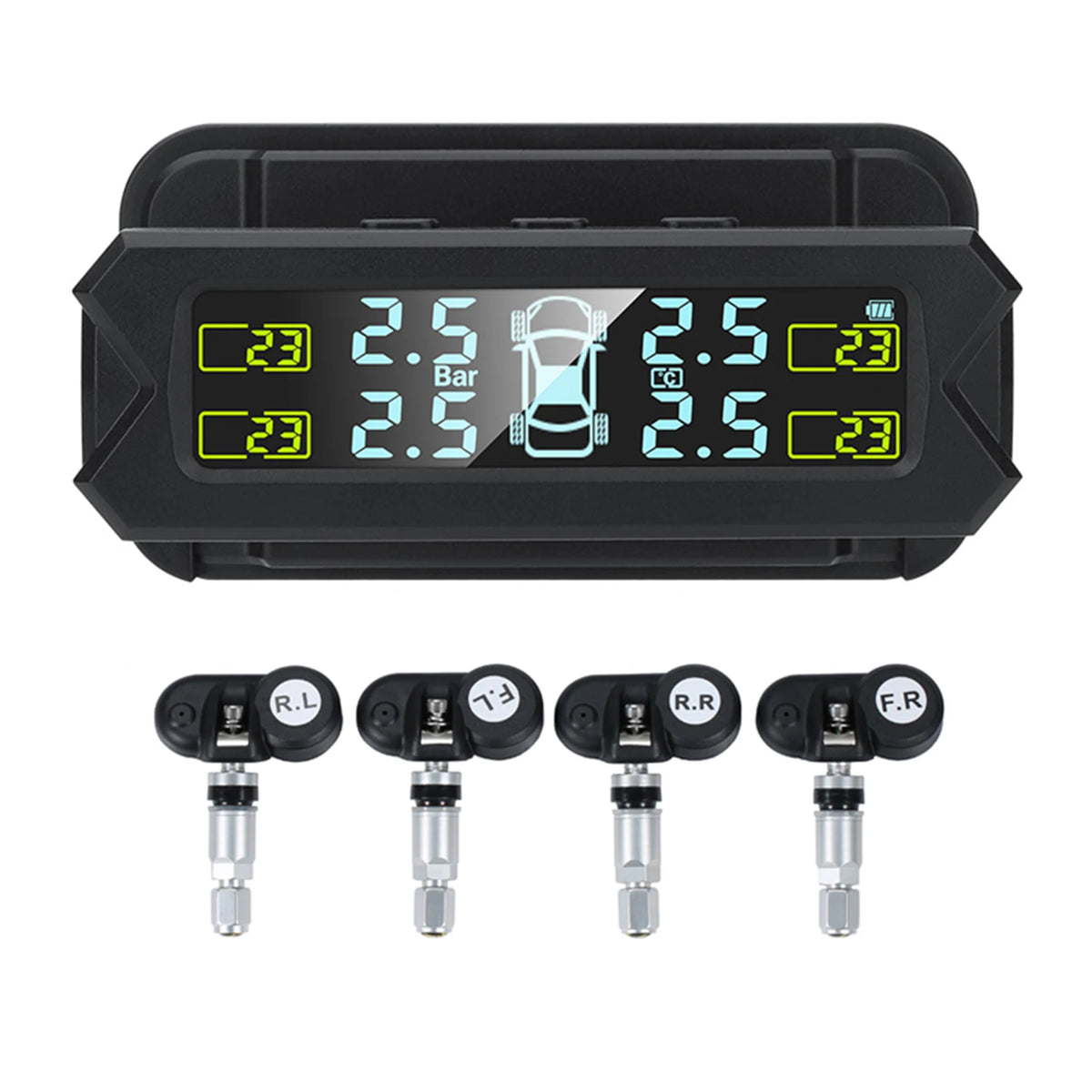 Solar Wireless TPMS - Tire Pressure Monitoring System with 4 Sensors & LCD Display