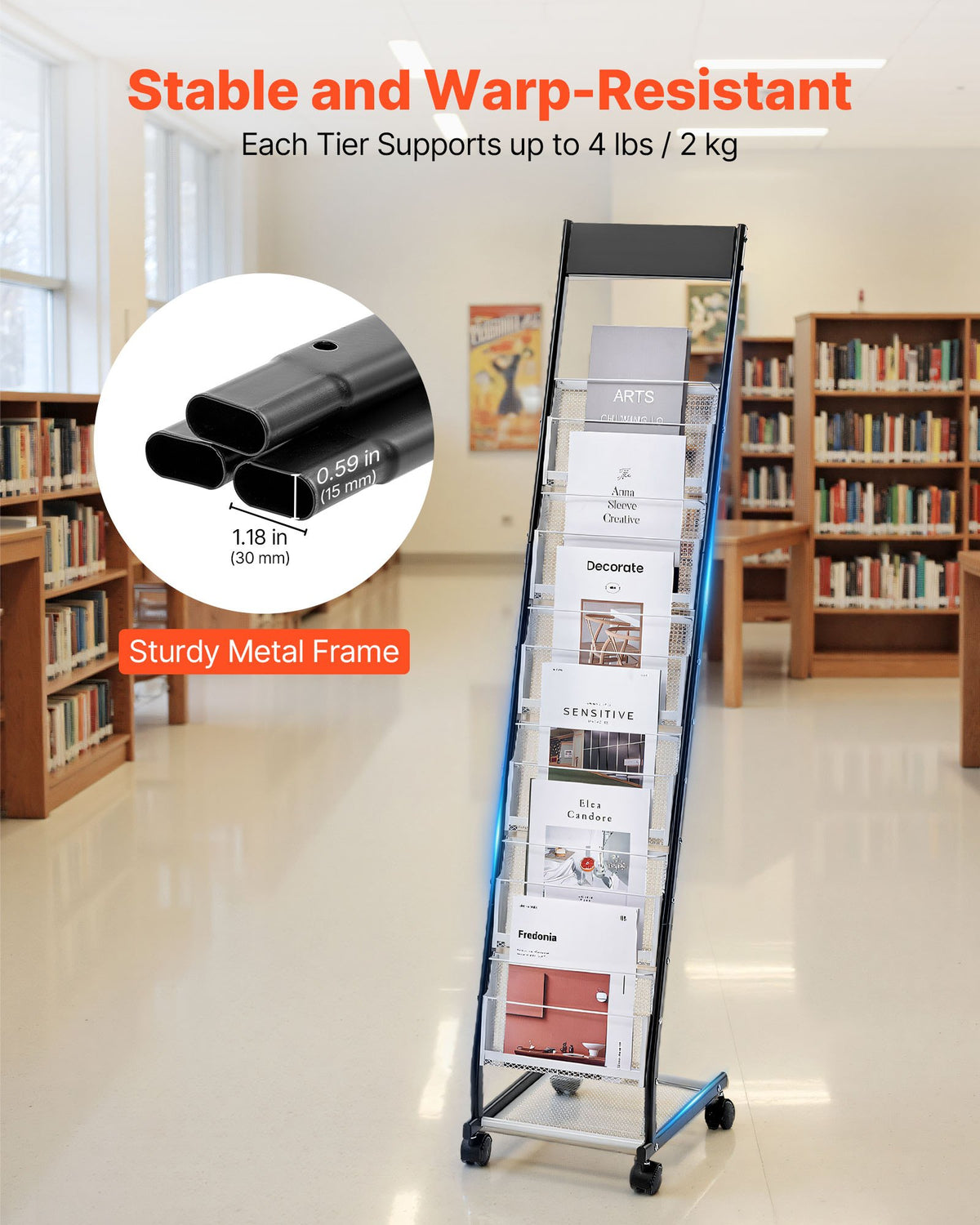 Narrow 6-Tier Literature Stand with Wheels, Metal Magazine Rack – image 3