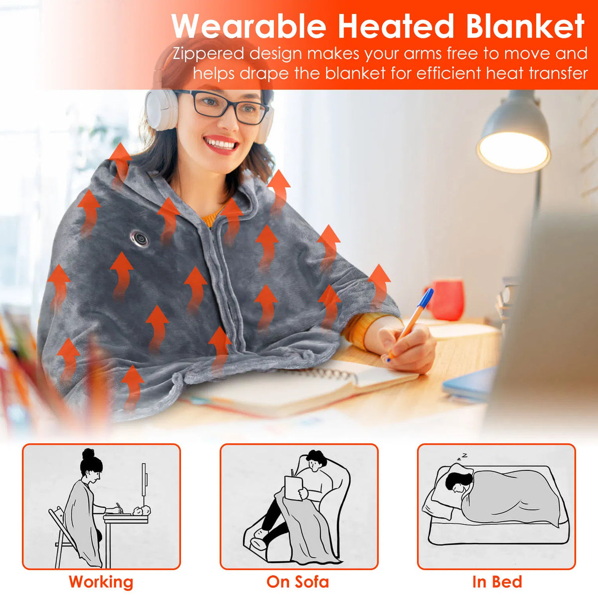 USB Heated Poncho Wrap Blanket with Zipper, 59 x 31 in – image 5