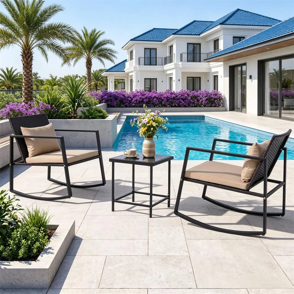 3-Piece Wicker Rocking Chair Set with Glass Side Table, Brown – image 3