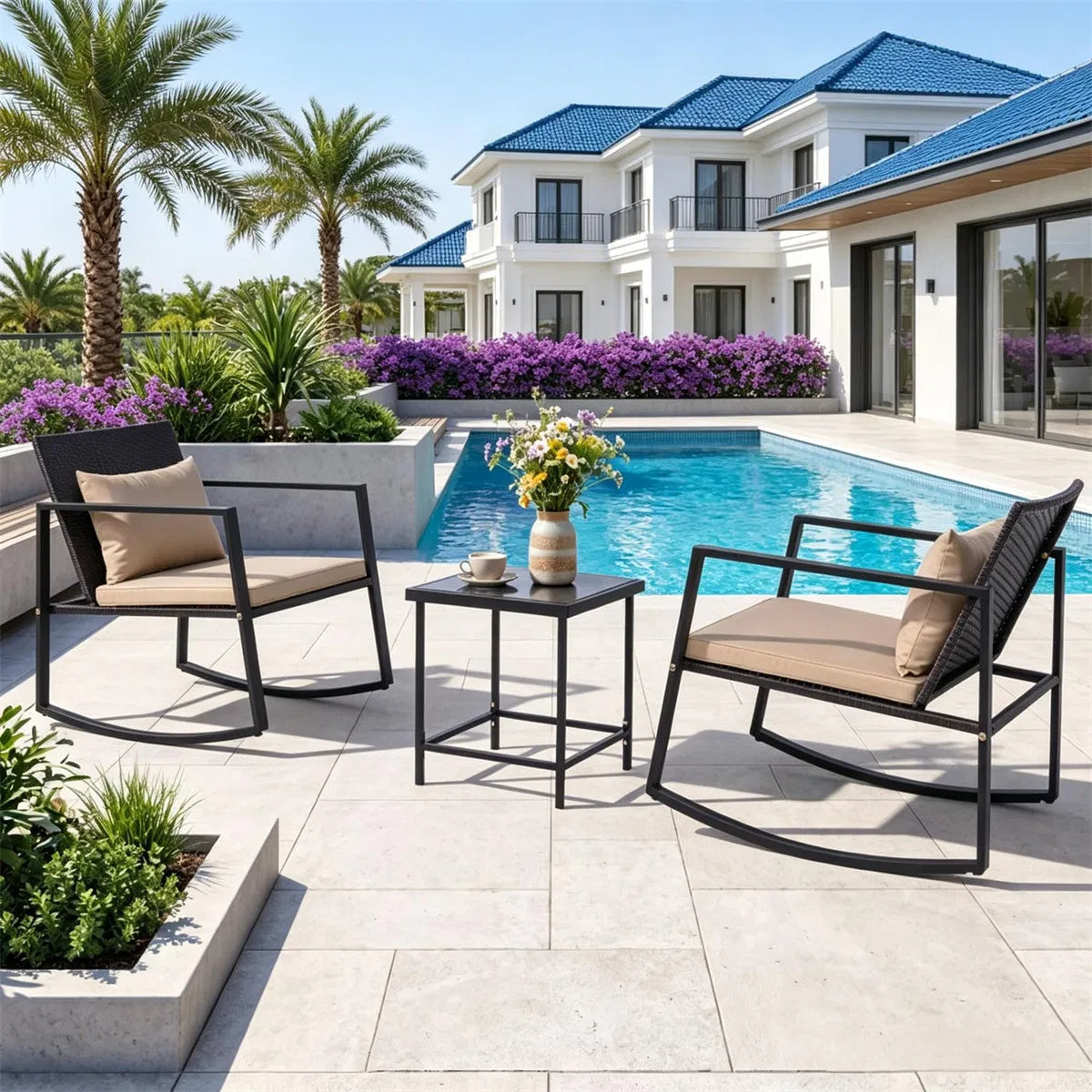 3-Piece Wicker Rocking Chair Set with Glass Side Table, Brown – image 3