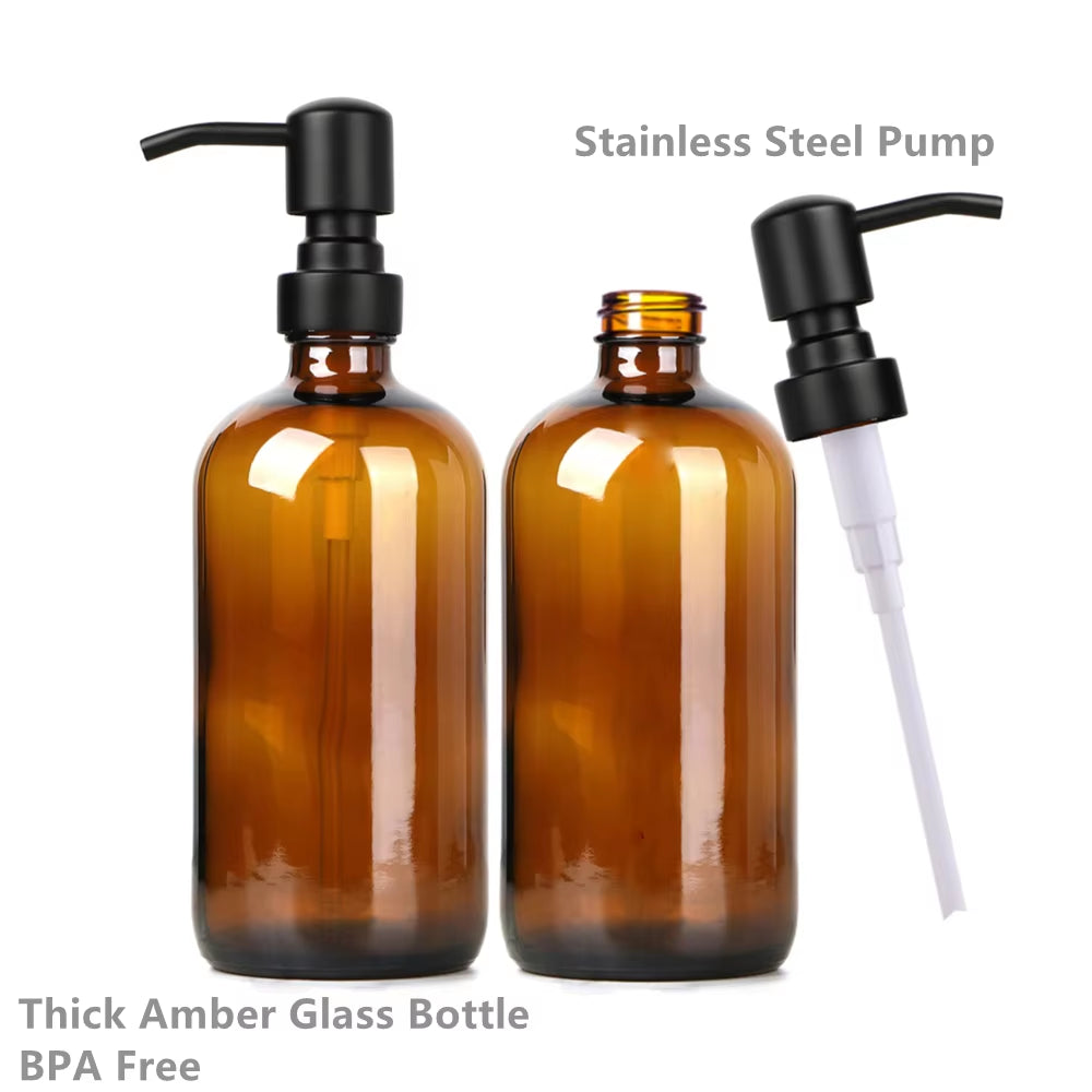 Amber Glass Soap Dispenser Set with Steel Pumps – image 2