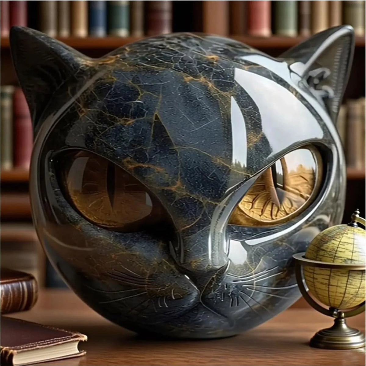 Black Cat Head Figurine - Marble-Texture Resin Desk Decor – image 3