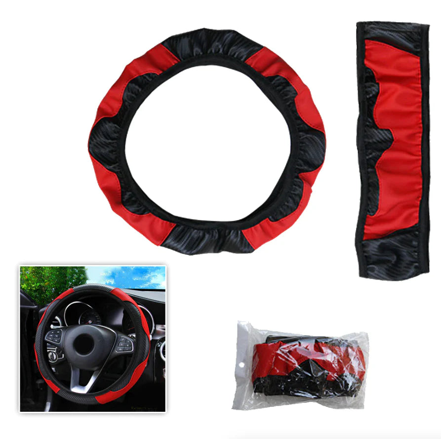 Steering Wheel Cover, Red & Black Carbon Fiber PU Leather, 15 in – image 12