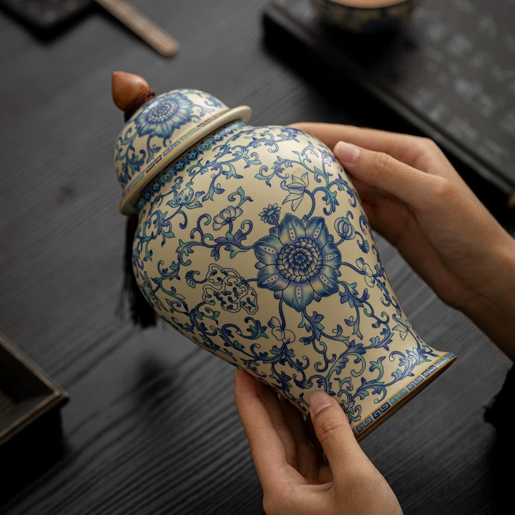 Floral Ceramic Ginger Jar with Lid, Temple Jar Decor Vase – image 3