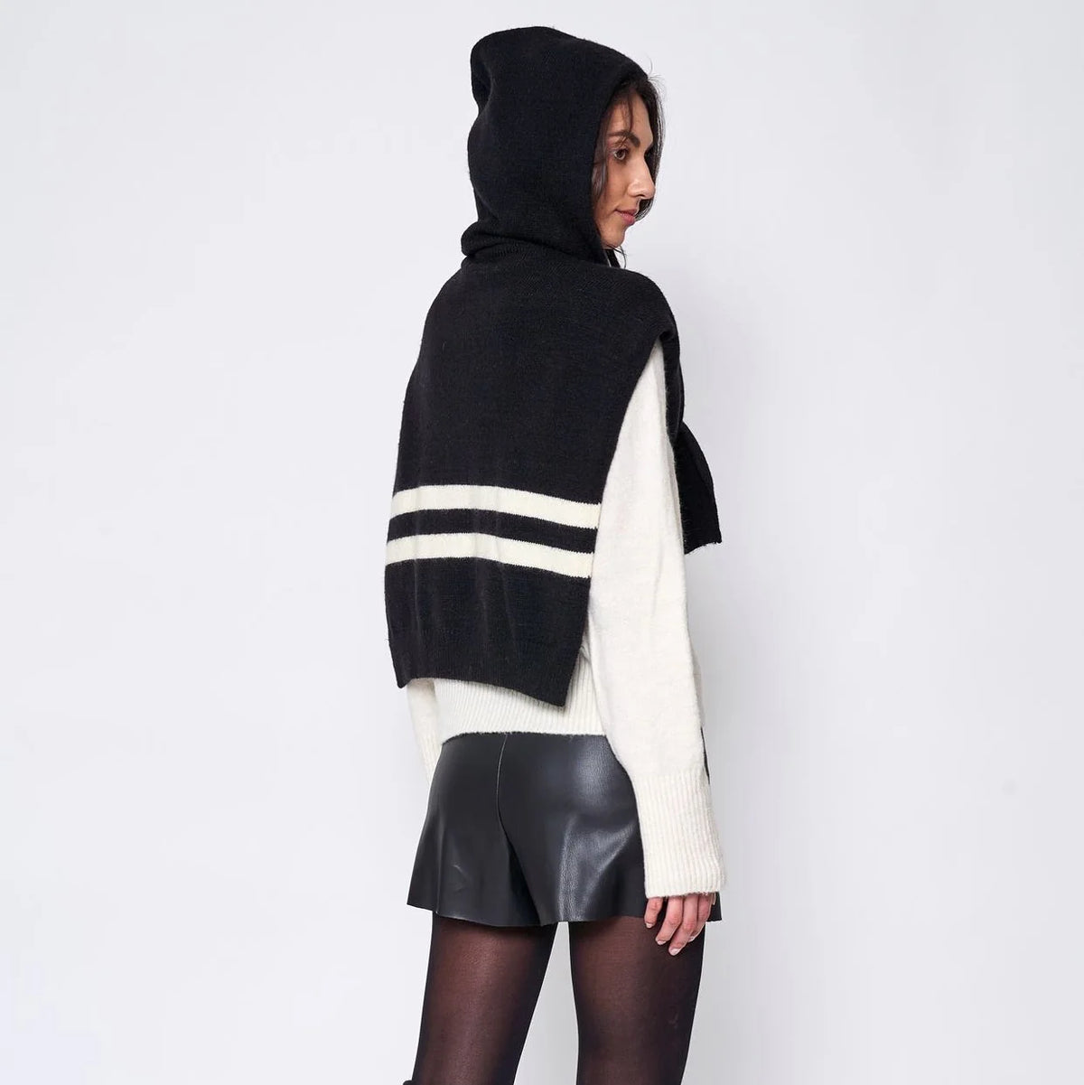 Hooded Sweater Scarf, Striped Knit Hoodie Wrap, Gray – image 5