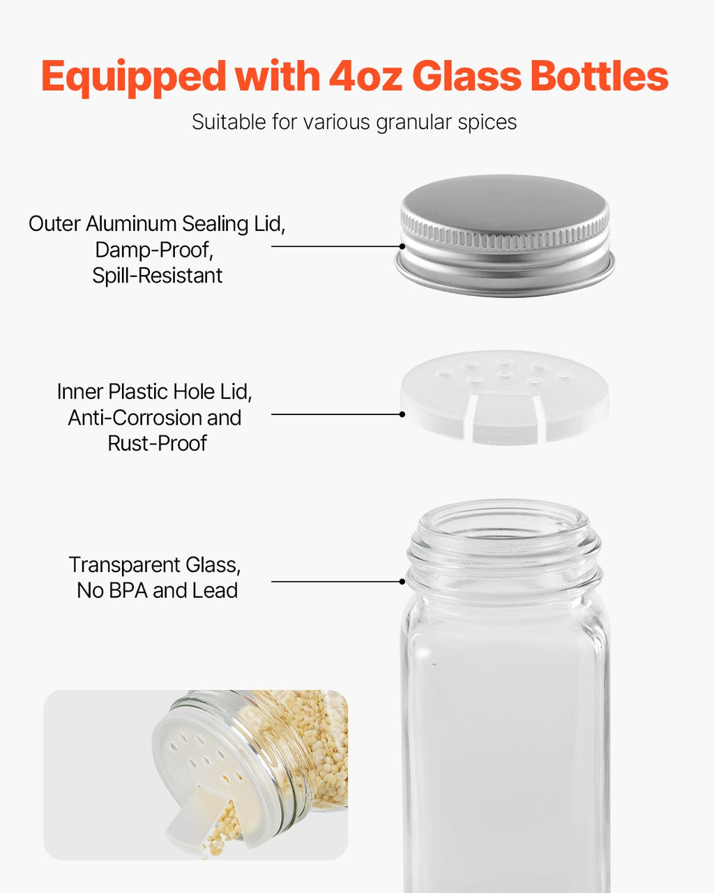 Wall Mounted Spice Rack Organizer Set, 4 Pack with Glass Jars, Black