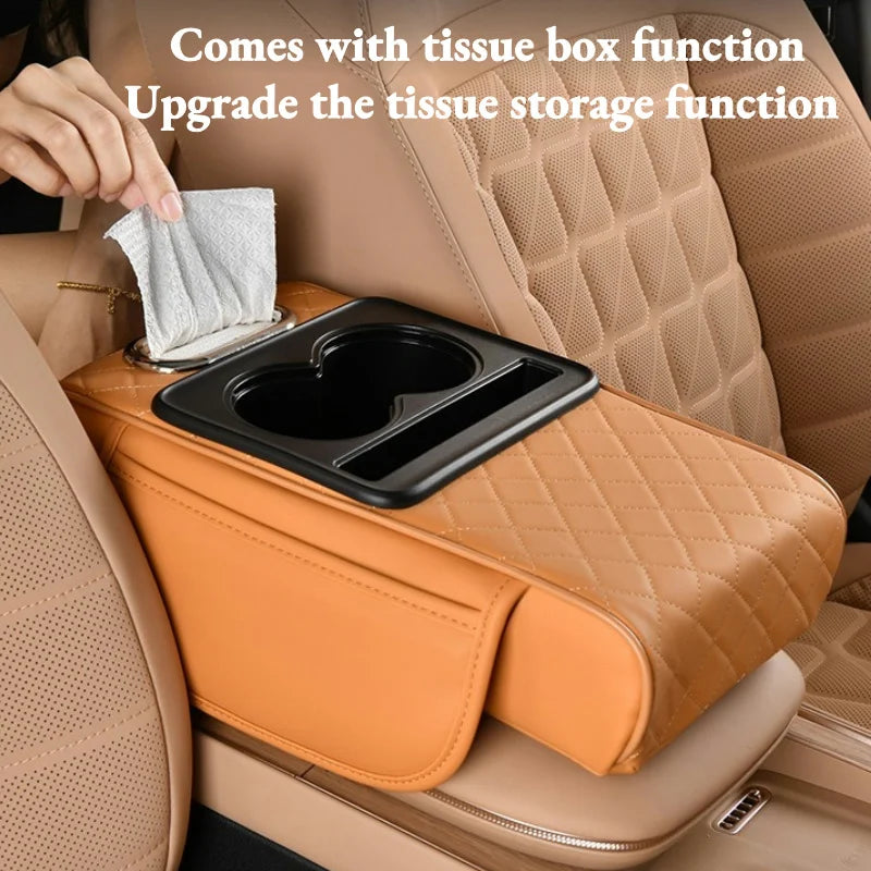 Car Center Console Armrest Cushion with 2 Cup Holders - Height Raising Arm Rest Pad