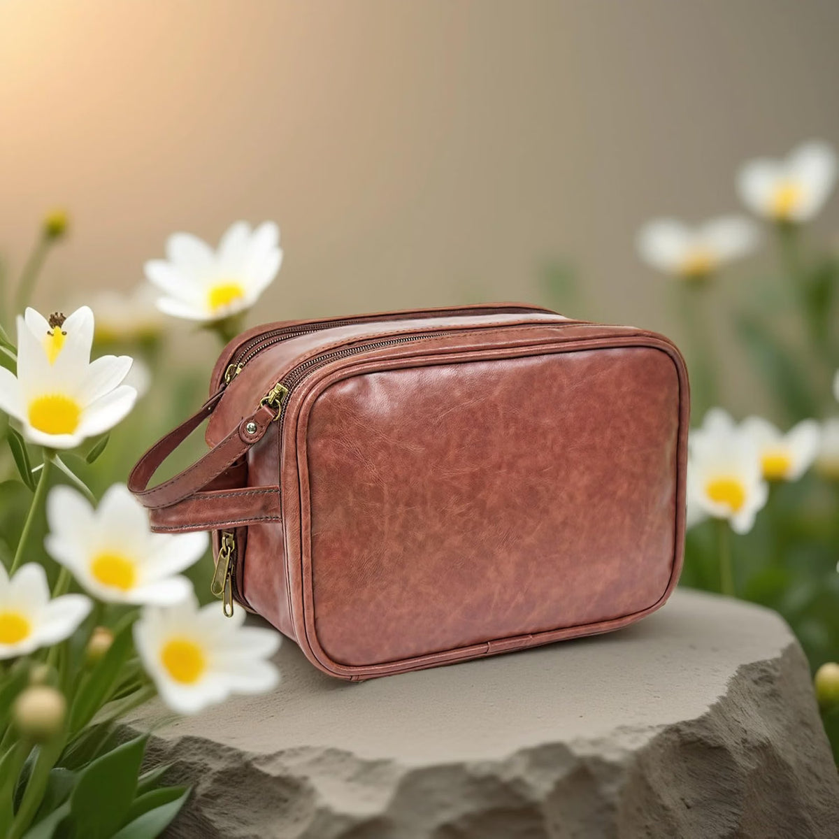 Men's Toiletry Bag, Brown PU Leather Hanging Dopp Kit – image 4