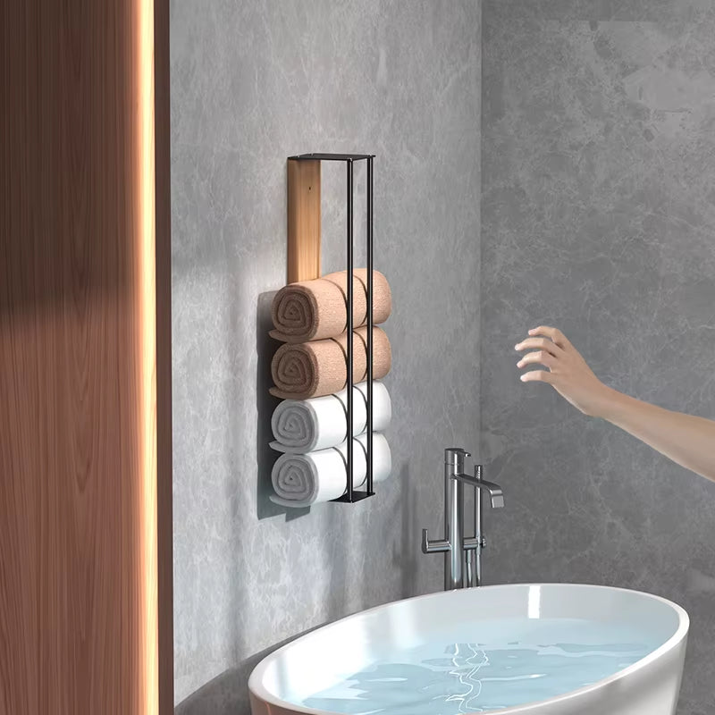 Rolled Towel Rack - Wall Mounted Iron and Wood Bathroom Towel Holder – image 4