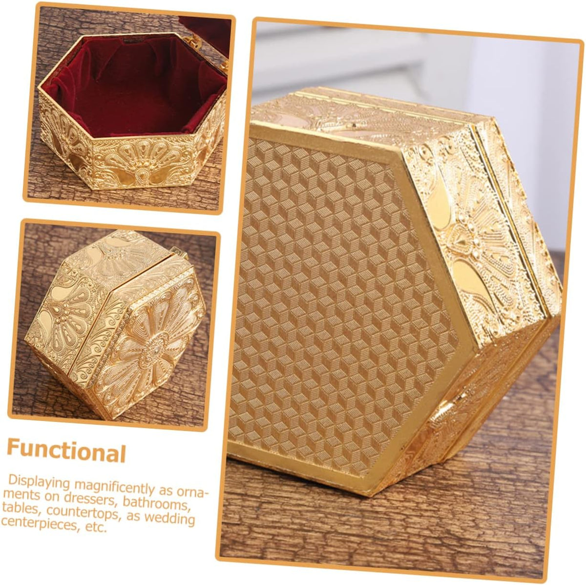 Hexagon Jewelry Box – Vintage Gold Zinc Alloy Trinket Case – image 3