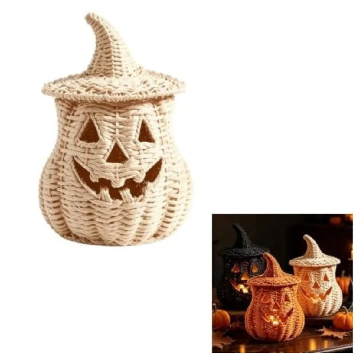 Wicker Pumpkin Lantern 11 in, Handwoven Rattan Halloween Decor