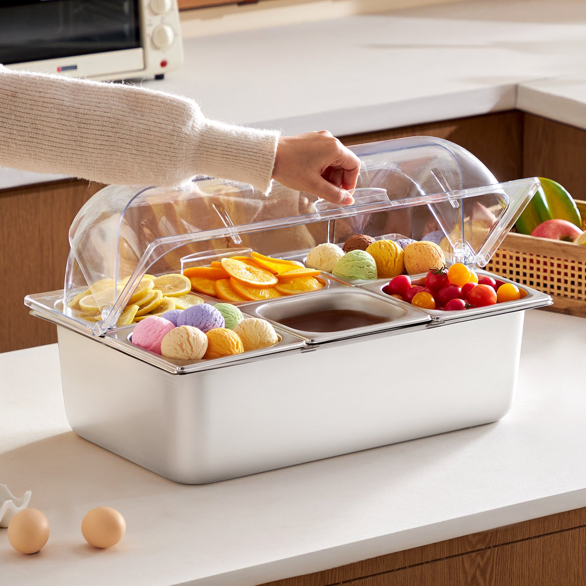 6 Pan Countertop Condiment Server With Clear Roll Top Lid – image 1